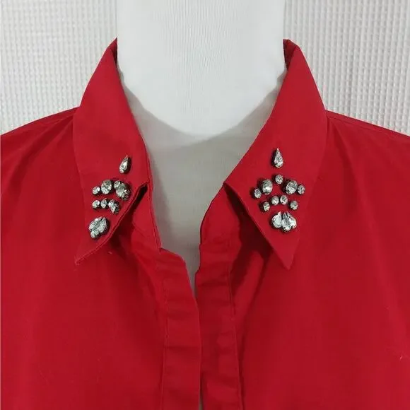 NEW YORK & CO.! ROUGE RED COTTON BLEND JEWELED COLLAR BUTTON FRONT BLOUSE! SZ XL - Picture 5 of 10